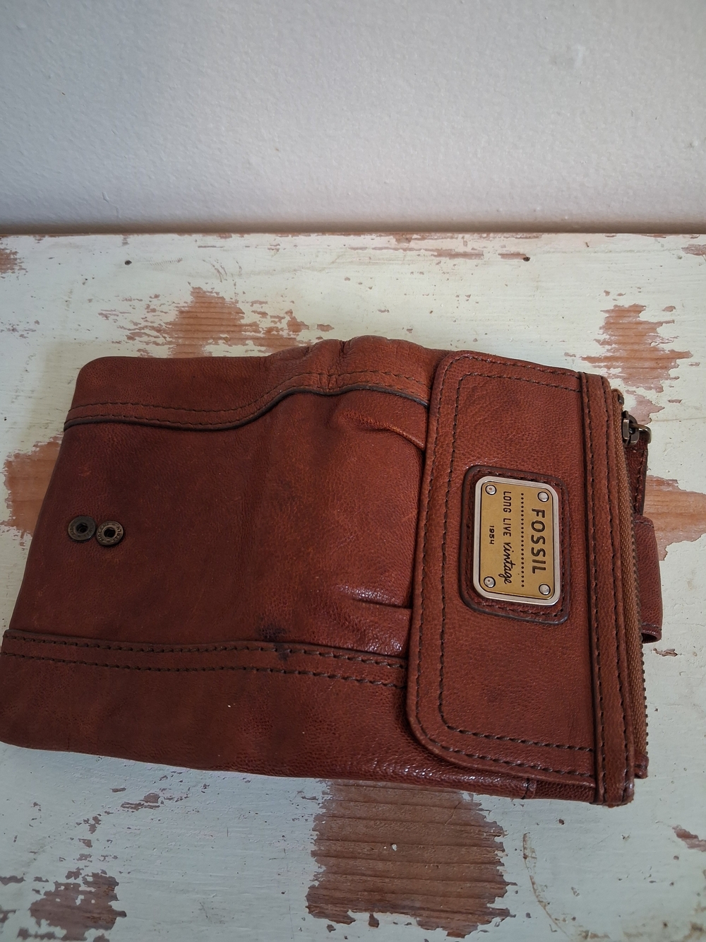 Fossil Cognac Leather Fold Wallet with Brass Plaque Vintage - Picture 4 of 4